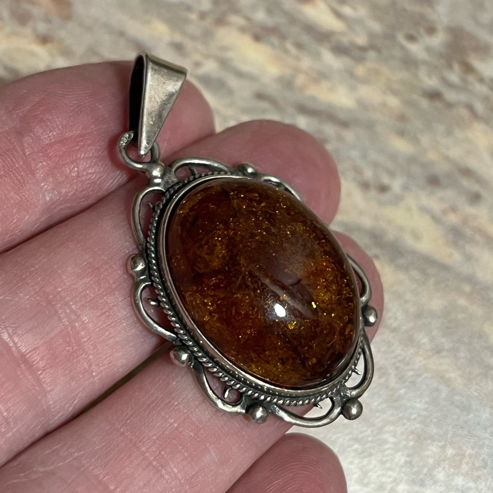 Vintage Sterling Silver Amber? Pendant - Picture 6 of 13